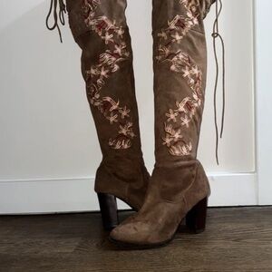 Embroidered Over-the-Knee Heeled Boots in Brown Suede